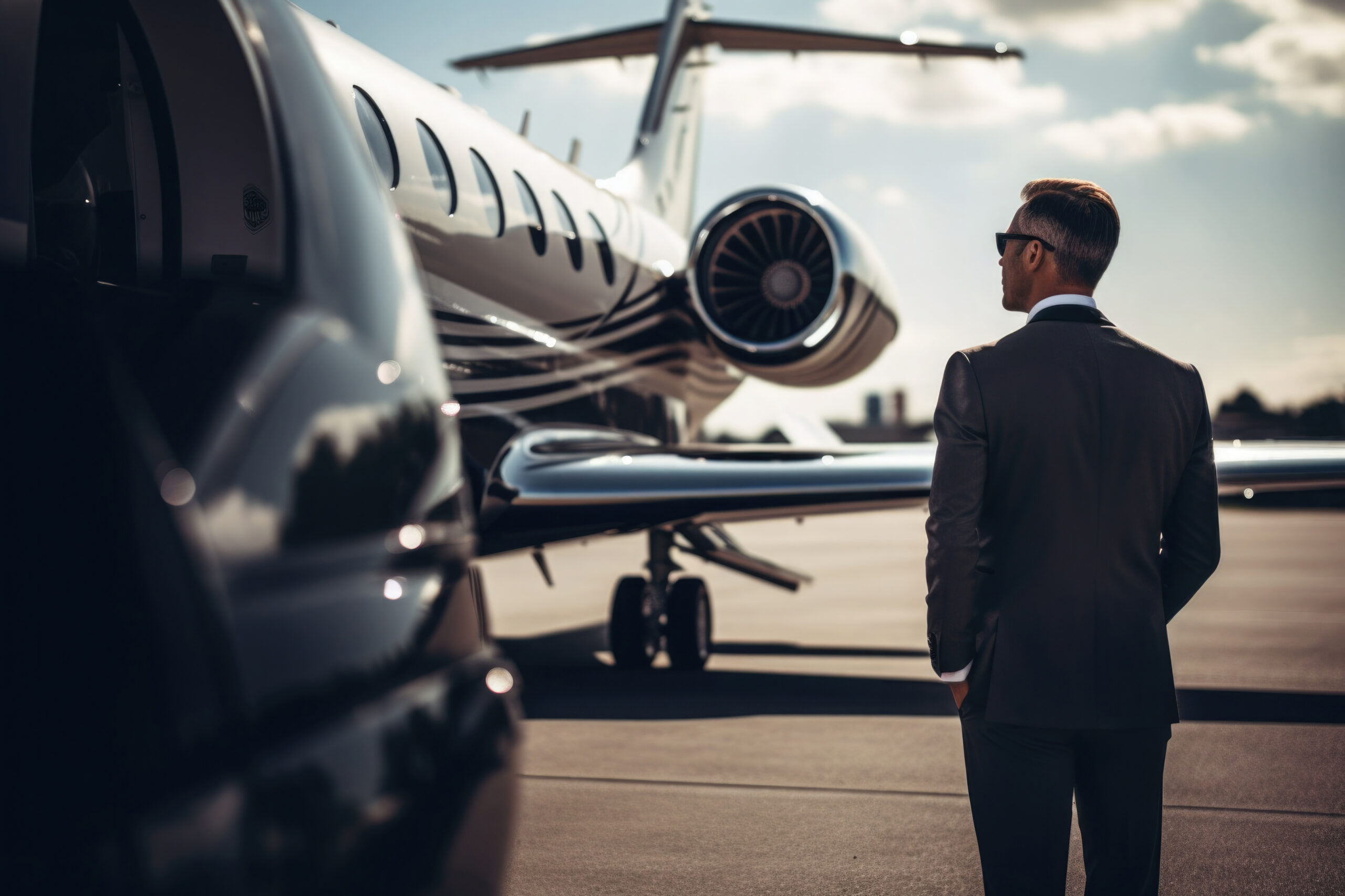 Photo d’un homme de dos en costume à côté d’un jet privé noir.