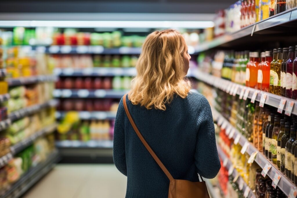 photo d’une jeune femme blonde de dos dans un rayon de supermarché. 